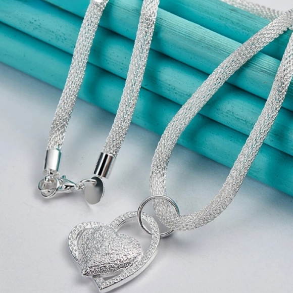 Silver Plated Double Heart Pendant Women's Necklace - Picture 7 of 10